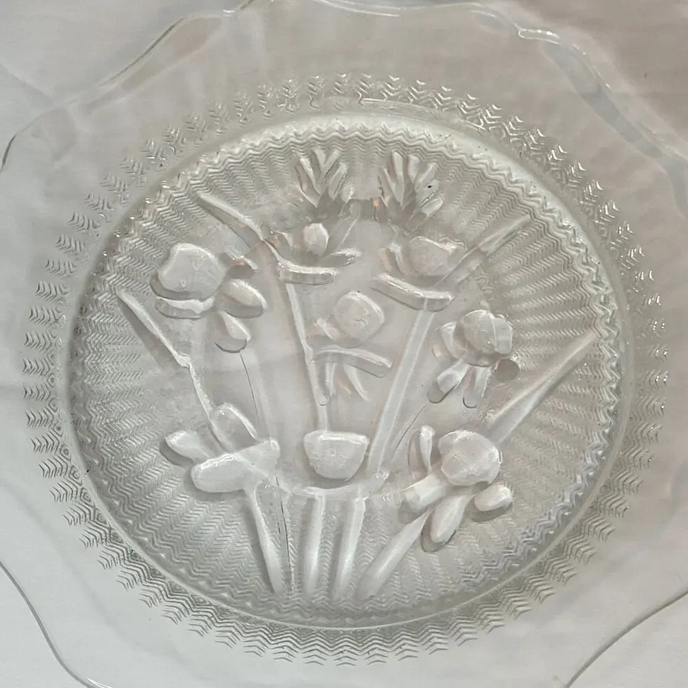 Vintage Jeanette Glass Plate Iris and Herringbone Depression Small Floral Dish
